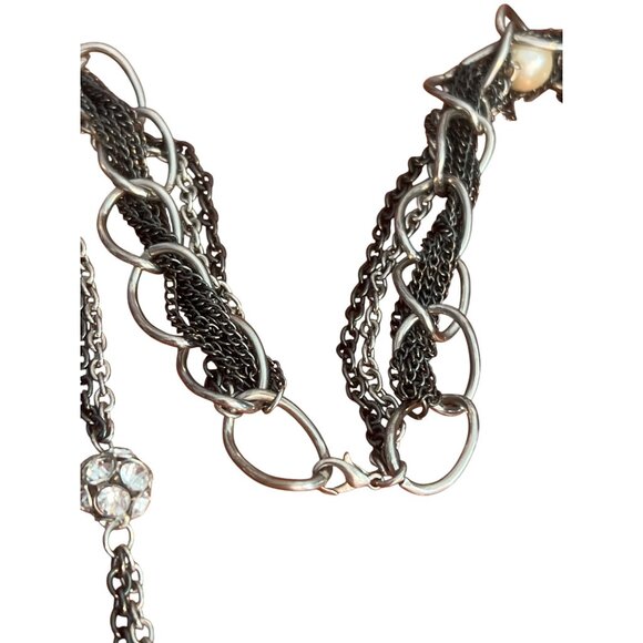 Layered Black Silver Tone Chain Necklace Faux Pearls Rhinestone Beads 26" - Picture 4 of 4